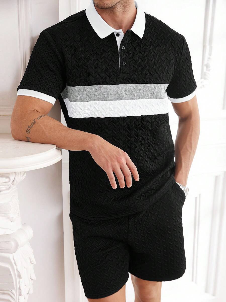 Core Aspect Męski, swobodny, patchworkowy zestaw polo, dzianina szydełkowa, czarny męski zestaw polo, patchworkowy, kontrastowy zestaw polo, 2 elementy, swobodny zestaw. Idealny prezent dla męża, chłopaka lub przyjaciela. - Wielokolorowe - Zobacz 1