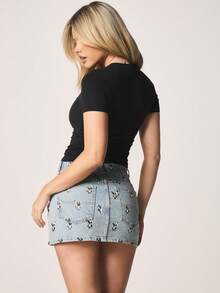 Missguided x Playboy Denim Mini Skirt With Character Print All Over Pattern High Waisted A Line Casual Summer Festival Cute Graphic Design Women Fashion Short Skirt - Blue - View 5