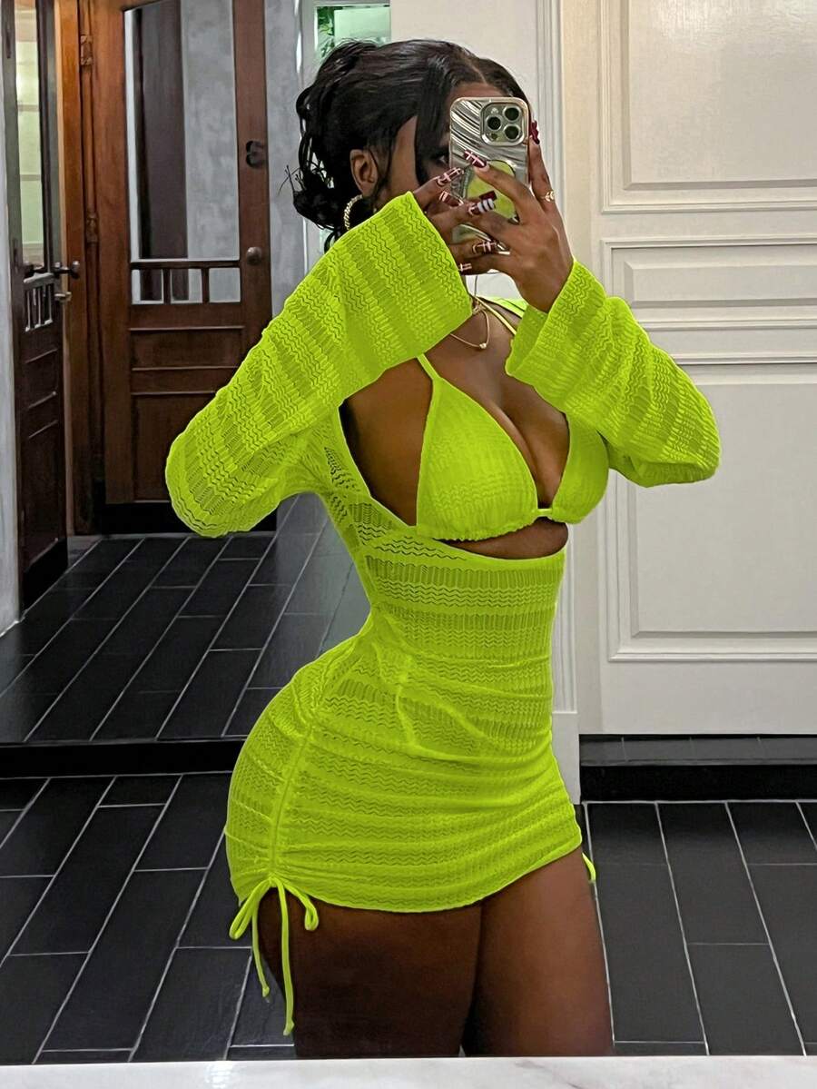 BamGleam Spring/Summer New Luminous Solid Neon Yellow Textured Fabric High Stretch Sexy Hollow Out Side Bodycon Slim Fit Black Party Outing Sailing Vacation Beach Outfit Women Romantic Vacation One-Piece Swimsuit Cover Up - Green - View 1