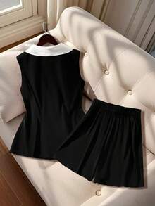 GlowEve CURVE Bộ vest nữ thời trang, thanh lịch, không tay, cài cúc đôi, phối màu tương phản, gồm áo blazer và quần short. - Nhiều màu - Xem 2