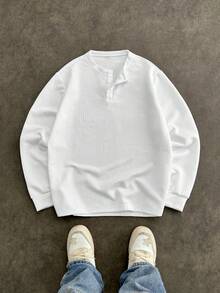Manfinity VCAY Men's Solid Color Button Half Placket Long Sleeve Casual Loose T-Shirt - White - View 1