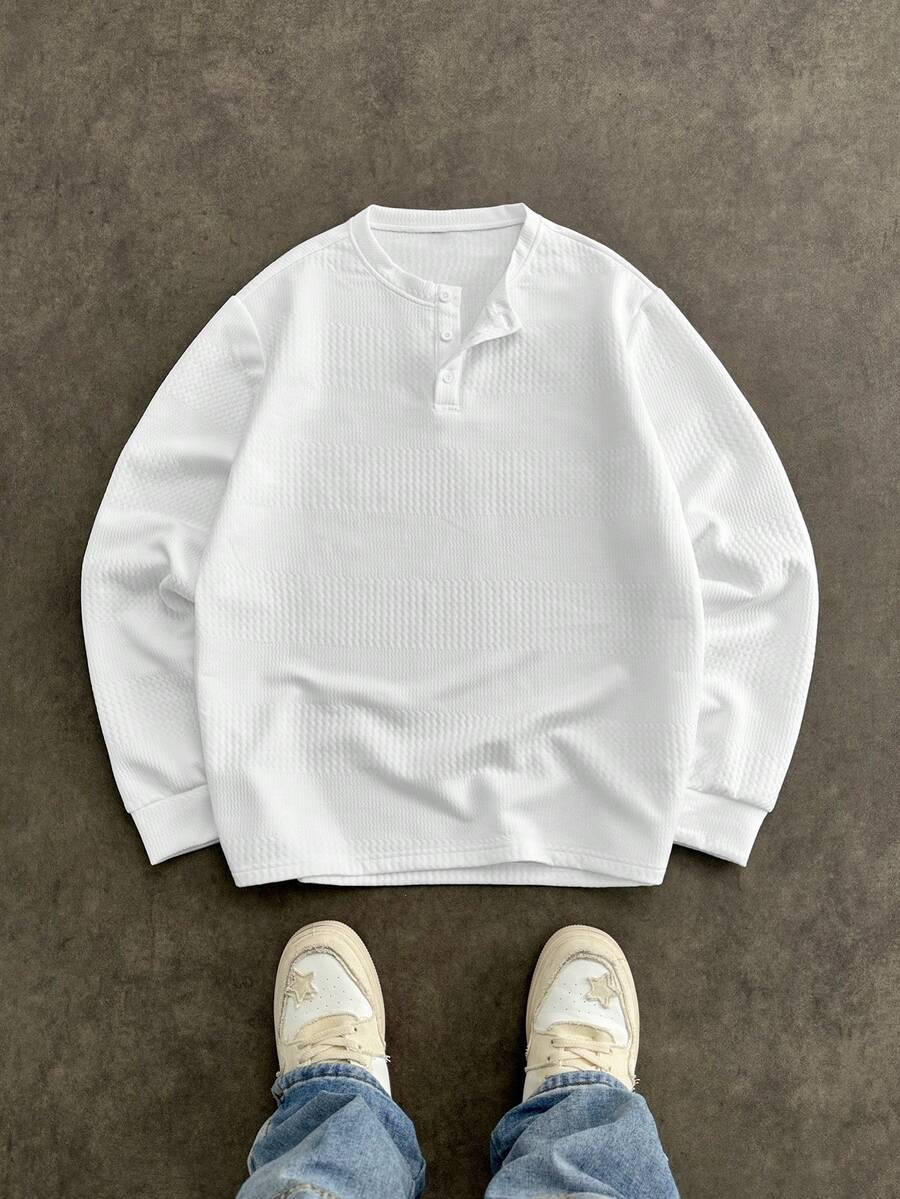 Manfinity VCAY Men's Solid Color Button Half Placket Long Sleeve Casual Loose T-Shirt - White - View 1