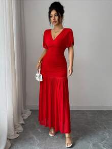 SHEIN Elenzya Đầm midi dáng chữ A bằng vải lưới thoáng khí, thiết kế thanh lịch, ôm sát cơ thể, thoải mái, phù hợp cho cả dự tiệc và mặc hàng ngày. - Đỏ - Xem 6