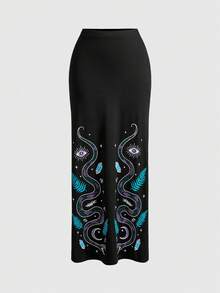 ROMWE Váy nữ xẻ tà bên hông, in họa tiết da rắn theo phong cách Gothic - màu đen - Xem 3