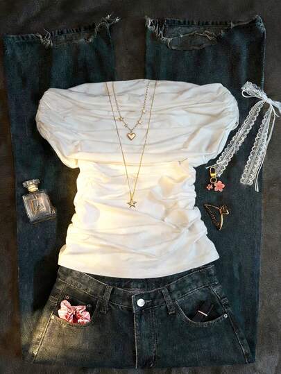 Glimmora 女士纯色露肩褶皱时尚上衣