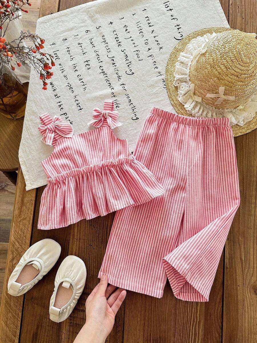 SHEIN LMoss Kids 女婴夏季可爱红色条纹吊带背心和松紧腰裤套装 - 紅色 - 查看 1
