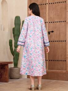 SHEIN جلابياتjalabiya Tween Girl Casual Floral Print Round Neck Long Sleeve Dress - Multicolor - View 7