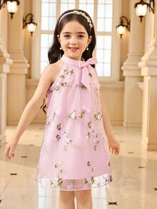 SHEIN Young Girls Bow Collar Doll Dress Princess Dress, Casual & Fashionable For Daily Wear, Photo Shoot, Outings, Versatile - Pink - View 3