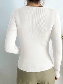 DAZY Suéter de ajuste ceñido de cuello redondo de unicolor, estilo casual de negocios - Blanco - Ver 4