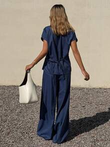 DAZY Women's Collared Short Sleeve Twist Knot Loose Shirt And Wide Leg Jeans Casual 2-Piece Set - Medium Wash - View 4