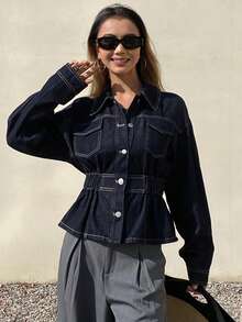 DAZY Women's Turndown Collar Elastic Waist Ruffle Hem Short Elegant Washed Denim Cropped Top Long Sleeve - Dark Wash - View 3