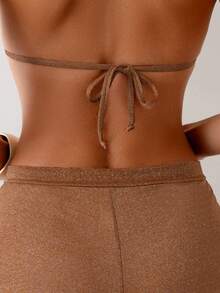 Swim Lushoire 女士金属装饰露背性感比基尼套装，海滩度假 - 棕色 - 查看 5