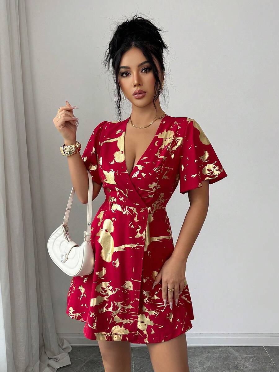 Rafferiza Elegant Elastic Waist Cinched Waist Apricot & Gold Crossover Button Front Ruffle Hem Butterfly Sleeve Front Slit Hem Cropped Dress For Women - Red - View 1