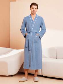 1pc Waffle Bathrobe, Adult Men's And Women's Bathrobe, Spring And Summer Bathrobe, Homestay Bathrobe, Absorbent Quick Drying, Loose Version, Bathroom Items, Household Items - Blue - View 4