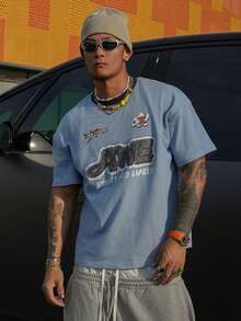 DAZY Summer Letter Print Blue Round Neck Streetwear Men T-Shirt - Blue - View 3