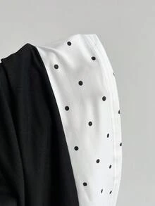 Elamini Women's Casual Faux 2-Piece Polka Dot Splice Eyelet Lace-Up Off Shoulder Fitted Long Sleeve T-Shirt, Spring/Autumn Polka Dots - Black and White - View 6