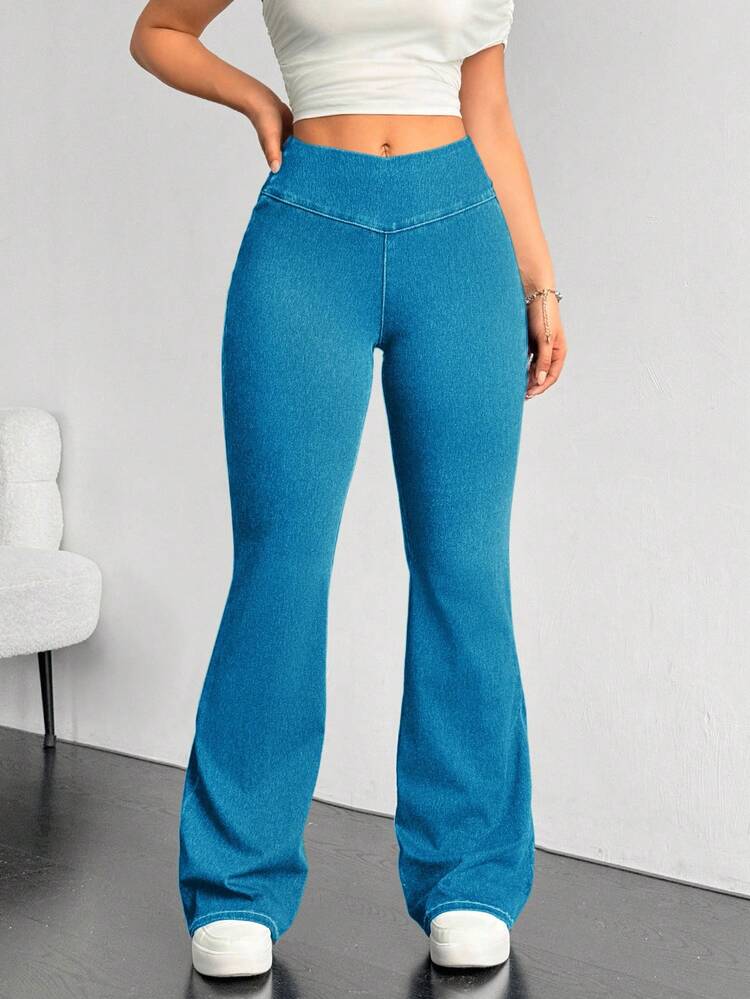 Flexra Plus Size Women Elastic Waist Casual Versatile Flare Leg Jeans - Mint Blue - View 4
