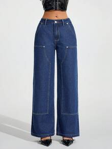Flirla Women's Solid Color Slant Pocket Casual Versatile Wide Leg Jeans - Blue - View 3