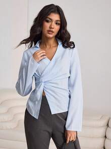 Aidyla 女士蓝色条纹编织收腰褶裥休闲衬衫，春夏款 - 藍色 - 查看 3