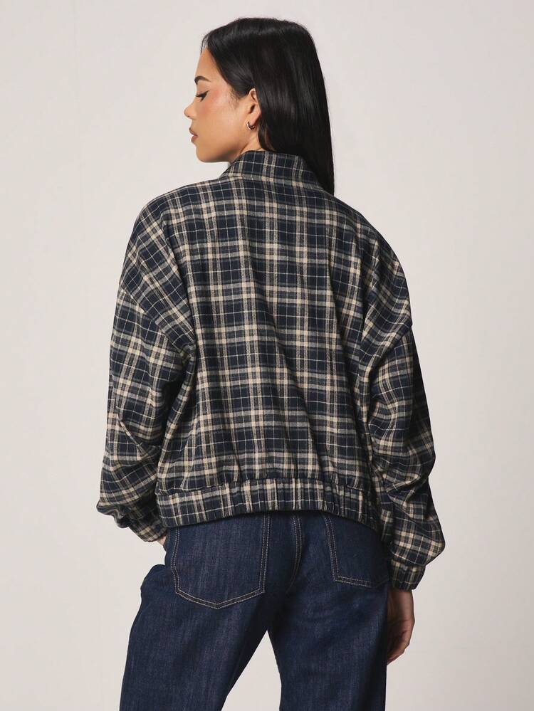 MISSGUIDED Plaid Zip Front Lightweight Blazer With Ribbed Cuffs Long Sleeve Fall Winter Casual Outerwear Jacket