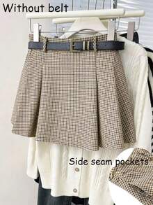 Chiquease Gonna mini a-line a quadri in stile retrò, gonna di moda versatile e snellente - Cachi - Visualizzare 2