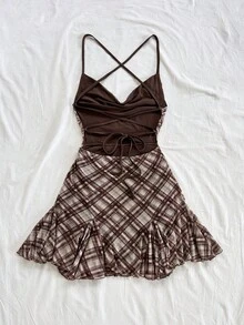 Soleia 女士度假吊带迷你连衣裙，垂褶领口，露背设计，系带蝴蝶结，鱼尾裙摆，性感风格，迷你连衣裙，及膝长度，适合购物、浪漫约会、海滩装扮，网纱面料，年轻少女风 - 彩色 - 查看 2