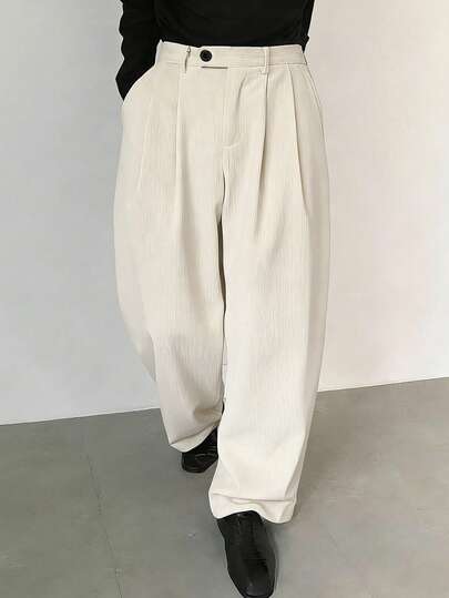 Claim Dot 男士宽松斜插口袋褶裥长裤，外出时尚纯色长款宽松休闲裤，送给丈夫、男友的礼物，男士灯芯绒裤，超大码裤，宽松裤，Y2K风格