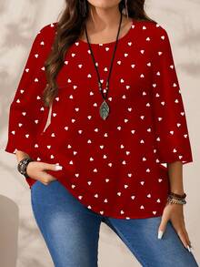 EMERY ROSE 大码女式休闲印花圆领宽松七分袖衬衫/情人节 - 彩色 - 查看 6