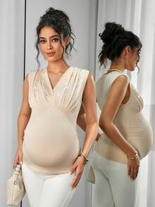 Momance Maternity Tank Top & Strap Tank Top, V-Neck Ruched Bust Design, Padded Cup, Slim Fit Tank Top - Apricot - View 3