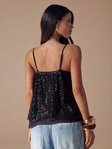 SHEIN BAE Áo nữ màu nâu đậm trơn, cổ chữ V sâu, dây đeo đính sequin, kiểu dáng gợi cảm, thích hợp cho mùa thu/đông, áo hai dây đính sequin, áo lót mùa thu/đông, trang phục dự tiệc cocktail. - màu đen - Xem 3