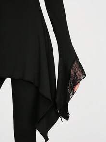 Breakform Women's Gothic Style Boat Neck Asymmetrical Hem Knit Fabric Long Sleeve Asymmetrical Cuff Contrast Lace Regular T-Shirt - Black - View 5