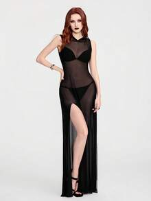 Breakform 女士哥特风性感透视连帽连衣裙，高开衩设计，适合主题派对、夜店装扮 - 黑色 - 查看 4