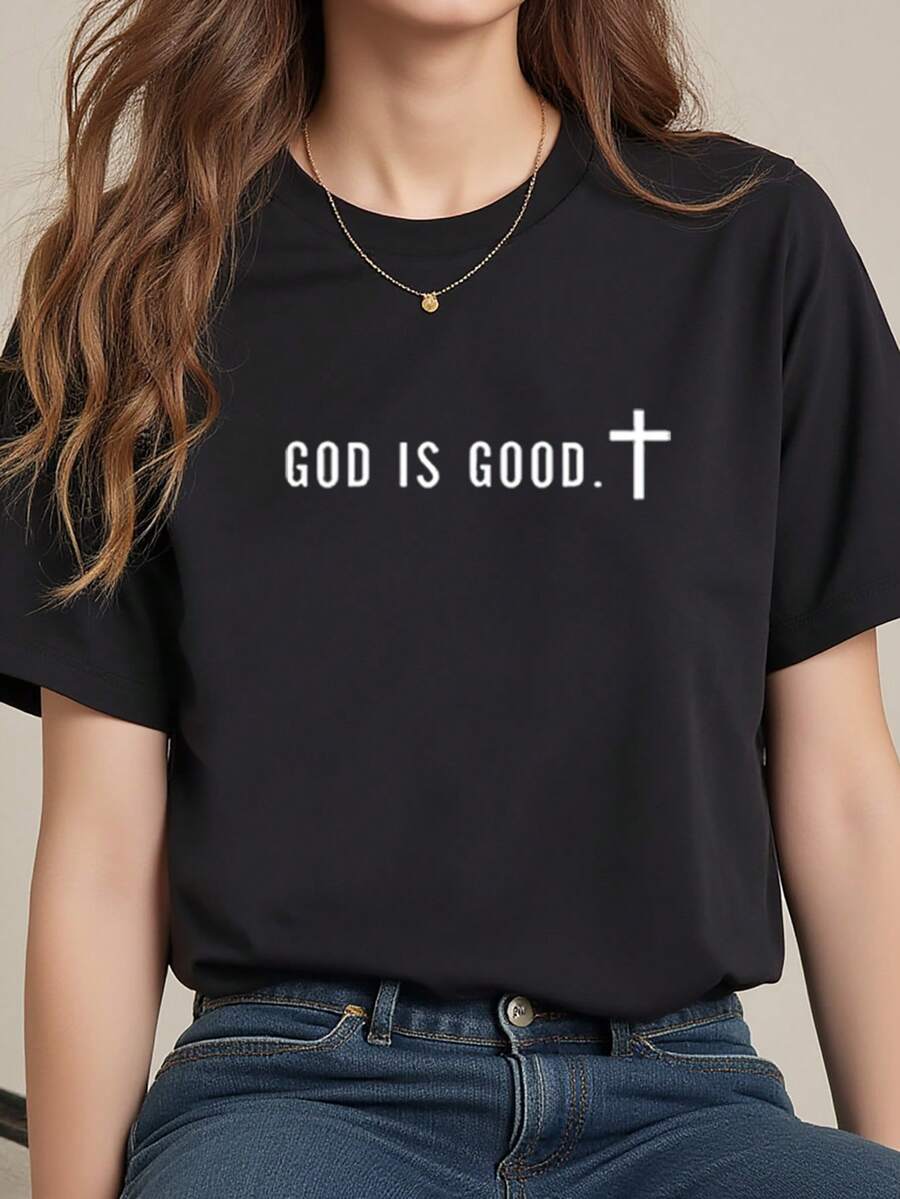 INAWLY 简约十字架和标语印花短袖T恤，休闲夏日 - 黑色 - 查看 1