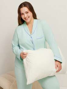 LUVLETTE 大码柔软棉质撞色滚边基本款纽扣上衣和裤子家居服睡衣套装，适合曲线身材。 - 綠色 - 查看 11