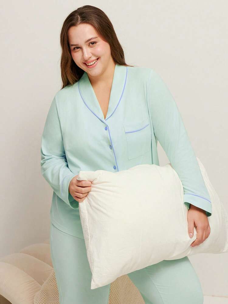 Plus Cotton Button-Up Top & Pants PJ Set