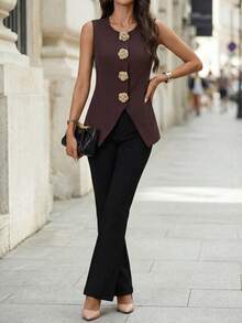 Editum Women's Sleeveless Vest Waistcoat, Brown Round Neck Rose Gold Metal Button, Elegant For Daily Wear, Commute, Autumn/Winter, Early Spring Dark Brown Top Women Sleeveless Tops Classy Top Tops For Women Elegant Business Casual Tops Woman