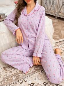 CottageSlumber Conjunto de pijama de cárdigan con cuello de volantes de burbujas florales y pantalones para mujer, ropa de otoño e invierno - Multicolor - Ver 3