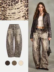 Grunge Punk Y2K Vintage Leopard Print Loose Fit Flared Leg Women Jeans - Brown - View 5