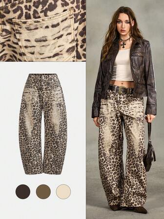 Grunge Punk Jeans da donna a vita alta, con stampa leopardata, vestibilità morbida e gamba ampia, in stile vintage Y2K