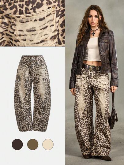 Grunge Punk Y2K Vintage Leopard Print Loose Fit Flared Leg Women Jeans