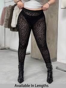 SHEIN Tall CURVE Leggings grande taille sexy et en maille floquée imprimé léopard - Noir - Voir 3