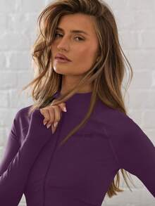 Musera Sport Full Zip Through Thumb Hole Stand Collar Cropped Jacket , Padel, Tennis, Pickleball Gym Fitness Yoga Pilates Daily Casual - Purple - View 5