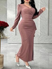 Feyla 大码女式V领长袖褶皱亮面修身优雅连衣裙 - 藕粉色 - 查看 7