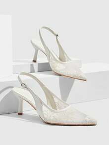 CUCCOO SZL Giày cao gót mũi nhọn dành cho nữ, trang trí dây xích kim loại, phần trên bằng lưới, lớp lót màu đỏ quyến rũ, thiết kế hở gót thanh lịch, sandal gót bất đối xứng. - Chantilly - Xem 2