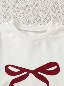 SHEIN 两件套 时尚休闲学院风女童杏色针织套头衫（带蝴蝶结印花）搭配红色格子百褶迷你裙，适合户外、旅行、街头、休闲、居家、学校、日常搭配 - 白色 - 查看 6