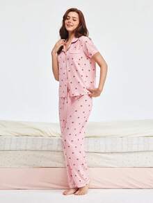 Bonmuse 3件套皱红樱桃印花短袖开衫、短裤和长裤睡衣套装 - 粉色 - 查看 4