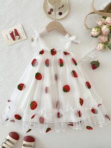 Playful Pals Toddler Baby Girl Elegant Embroidered Strawberry Mesh Strap Dress, Cute Fluffy For Baby Party, Gathering, Daily Wear - White - View 7