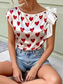 Franclia Spring/Summer Women's New Arrivals: Romantic And Elegant Vacation Beach Commute Office Banquet Party Afternoon Tea Party Girlfriends Party Birthday Party Annual Meeting Concert Series Heart Print Series Tie-Up Bow Design Satin Matte Texture Comfortable Cool Elegant Casual Everyday Holiday Tops, Valentine's Day Tops Carnival Tops White Tops Burgundy Shirts White Shirts Bow Tie Tops - Multicolor - View 7