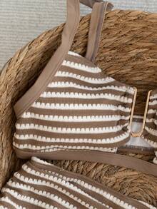 Swim Chiccia 2026春夏棕色粗肩带可调节金色U型装饰高腰亮片设计女士优雅比基尼泳装两件套 - 棕色 - 查看 8