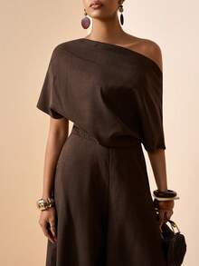 Zivah 女士纯色斜肩口袋时尚复古休闲连体裤阔腿裤 - 棕色 - 查看 8